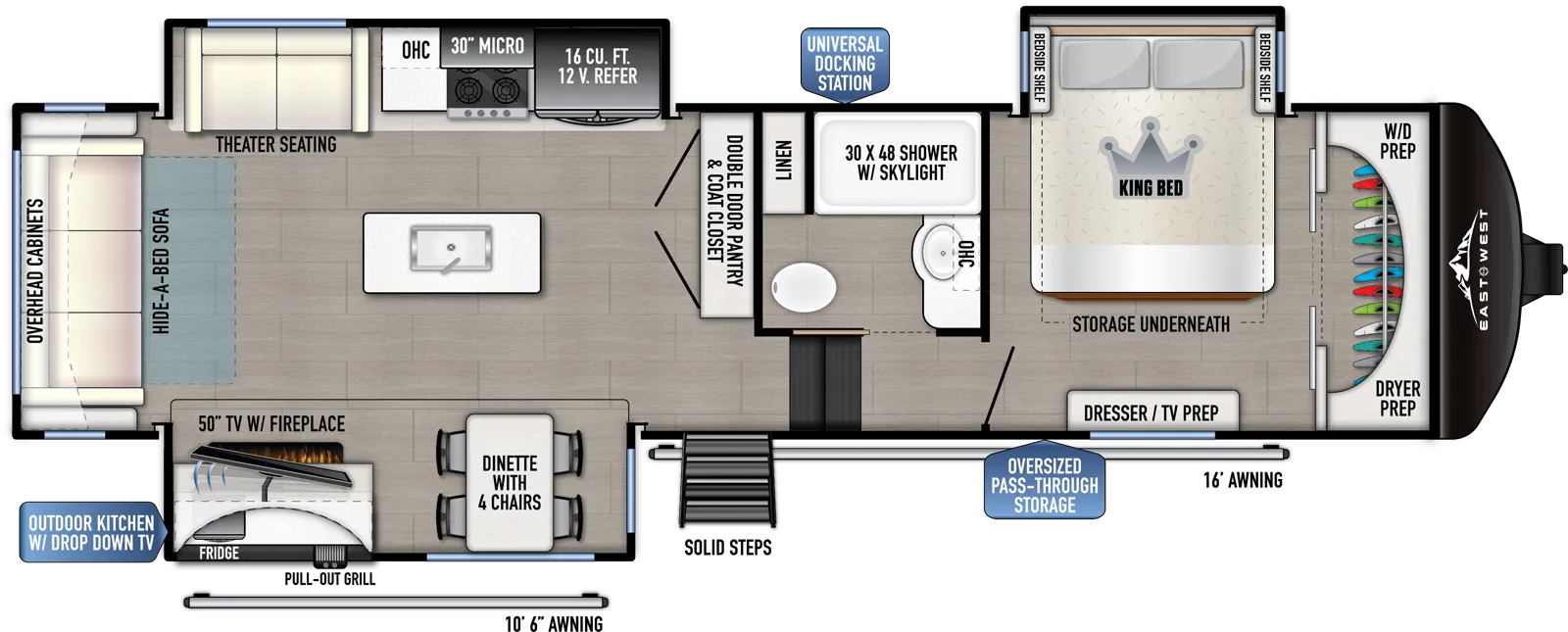 The 321RL-OK has 3 slideouts and one entry. Exterior features an oversized pass through storage, universal docking station, MORryde steps, outdoor kitchen with drop-down TV, pull-out grill and refrigerator, 10 foot 6 inch awning and 16 foot awning, and 2 inch towing hitch. Interior layout front to back: front closet with washer/dryer prep, off-door side king bed slideout with storage underneath, and door side dresser with TV prep; off-door side full bathroom with overhead cabinet, linen closet, and shower with skylight; steps down to main living area and entry; double door pantry and coat closet along inner wall; off-door side slideout with 12V refrigerator, overhead cabinet, microwave, cooktop, and theater seating; kitchen island with sink and extensions; door side slideout with free-standing dinette with storage ottoman, and TV with fireplace; rear hide-a-bed sofa and overhead cabinet.